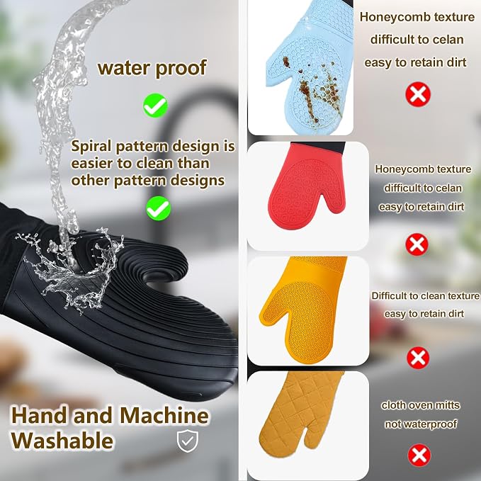Silicone Oven Mitts-13.6 in Extended Oven Mitts Heat Resistant 500F, Oven Gloves with Soft Liner Good Grippy BPA-Free Easy to Clean Flexible-Oven Mits Set for Cooking Baking Grilling BBQ