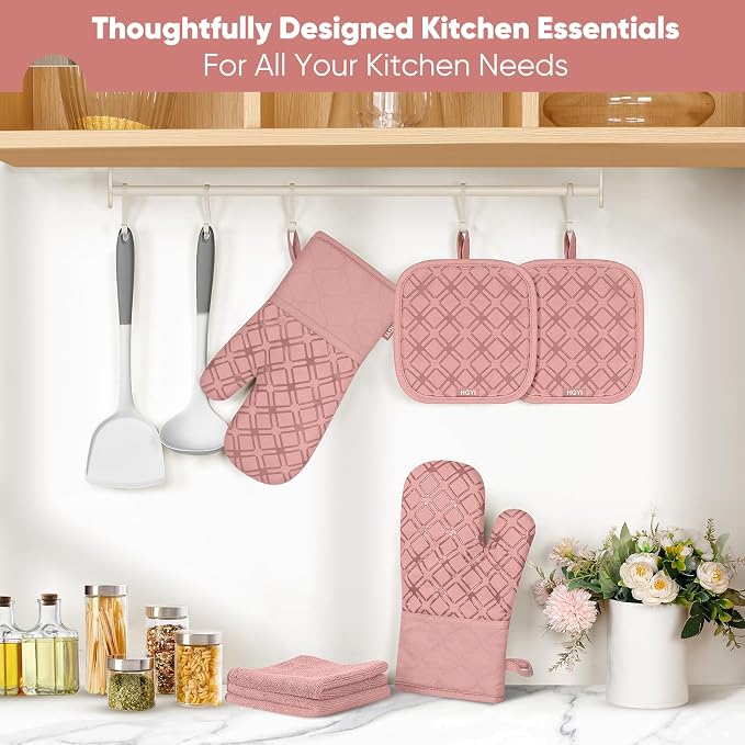 Oven Mitts and Pot Holders Set with Dishcloths, 500 Degree Heat Resistant Oven Gloves and Hot Pads, Premium Soft Cotton Kitchen Mittens and Dish Cloth Sets-Pink
