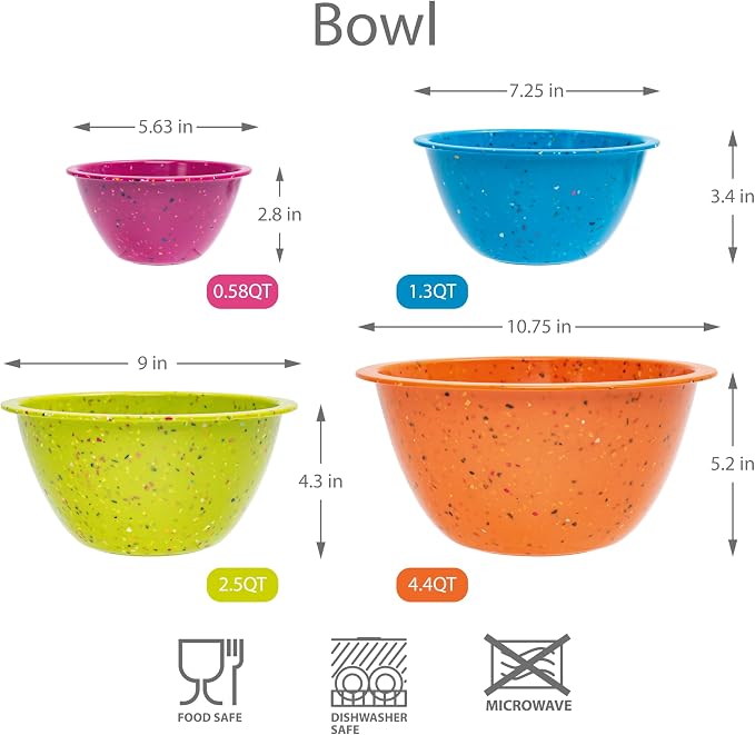 Confetti Melamine 4 Piece Nesting Mixing Bowls Set, Colorful Vibrant | Colorful Kitchen Bowls (18oz, 1.25QT, 2.5QT, 4QT) - BPA-Free, Dishwasher Safe, Space-Saving