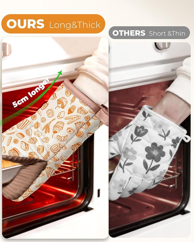100% Thick Cotton Mini Oven Mitts with Silicone Grip Bakery Bread | Girly Cute Oven Mitts for Women, Machine Washable, Non-Slip, Reversible Design Fits Both Hands, Stylish Kitchen Decor