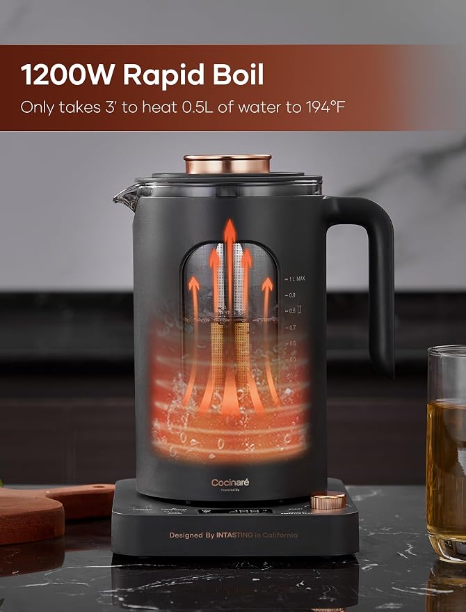 INTASTING Electric Tea Kettle with Infuser, 1℉ Temperature Control, 1 Liter | 1200W Fast Heating, BPA-Free Glass, Easy to Clean, Keep-warm, Auto shut-off, Dark Gray