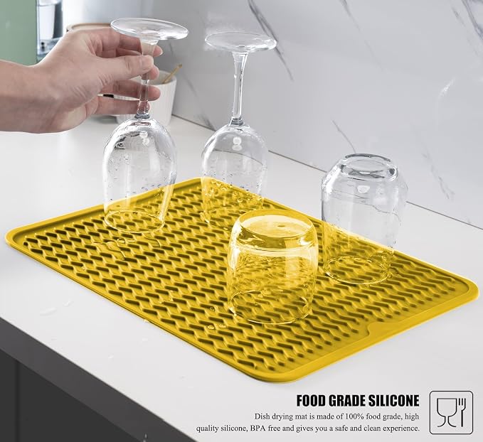 Silicone Dish Drying Mat, Non-Slip Easy Clean Sink Mat, Yellow, 12" x 12" | Quick-Dry Ridges, Large Heat-resistant Dish Drainer Mat for Kitchen Counter, Hangable & Roll-Up for Storage, Dishwasher Safe