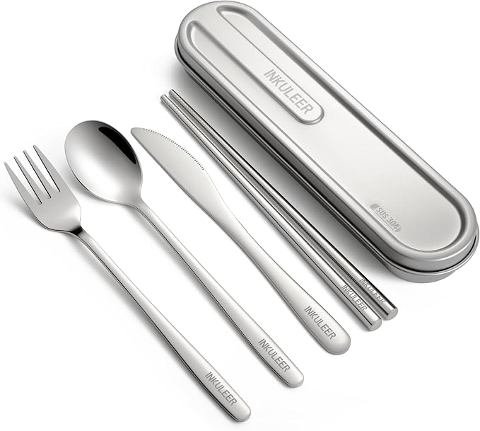iNKULEER Travel cutlery set, 18/8 stainless steel cutlery, Reusable utensils set with case, Portable Silverware Lunch Box for Camping and Office-Stainless steel
