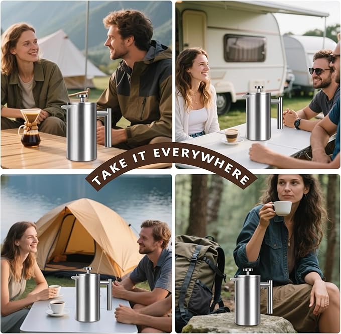 French Press 34 oz, Full Stainless Steel French Press Coffee Maker 4 Cups | Upgraded Double-Walled Insulated French Coffee Presses, Food Grade Good for Kitchen Camping, Dishwasher Safe 2 More Filters