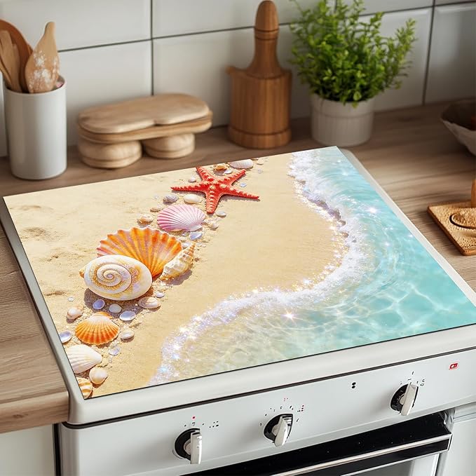 HOMETITUTE Summer Stove Top Covers for Electric Stove 28x20 Inches Heat Resistant Glass Cooktop Protector Pad Coastal Seashell Beach Decorative Stovetop Cover for Kitchen Coffee Bar Decor