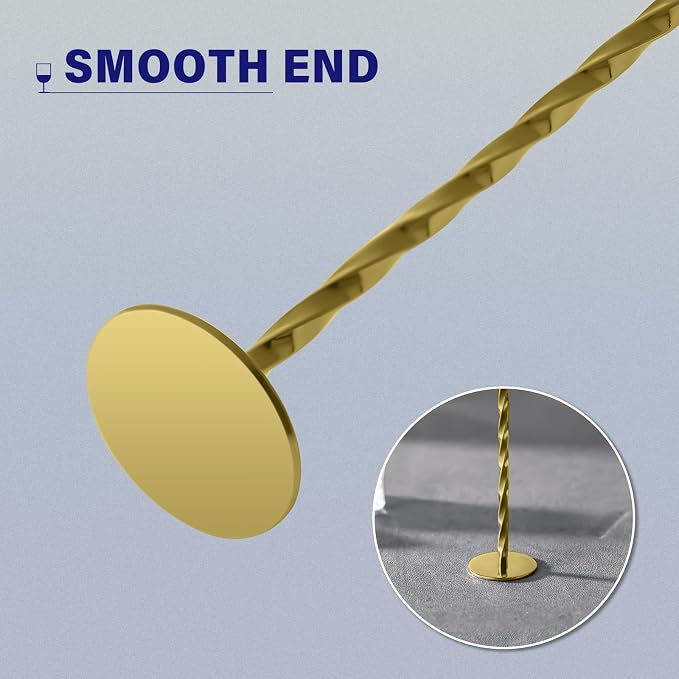 Bar Spoon Cocktail Mixing Stirrers, 2Pcs, 12” with Round Base, Gold | 18/8 Stainless Steel, Long Handle, Flat Base for Tabletop Standing, Stirrer & Muddler for Coffee & Drinks