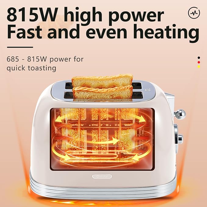 Wiltal Beige Cute Retro Toaster 2 Slice with 1.58" Wide Slots, Bread toaster with Cover and Warm Rack, Stainless Steel Toasters with Removable Crumb Tray, Preheat, Defrost, Cancel Function (Cream)