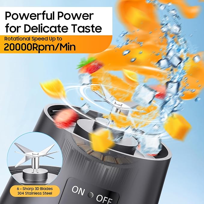 Portable Personal Size Mini Blender - 2026 New Upgrade Smoothies Blender | Small Blender with 380Ml Traveling BAP Free Cup for Sports/Home, 6 Blades Easily Squeeze Fresh Juice, 20000Rpm/Min Speed