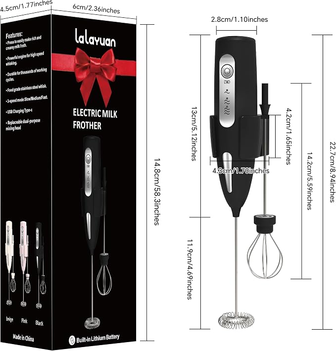 Electric Milk Frother, Three speed adjustment, USB Rechargeable Cordless Hand Blender with Sticky Stand Included, Portable Kitchen Stainless Steel Egg Beater, Mixed Drinks, Coffee Stirrers (Black set)