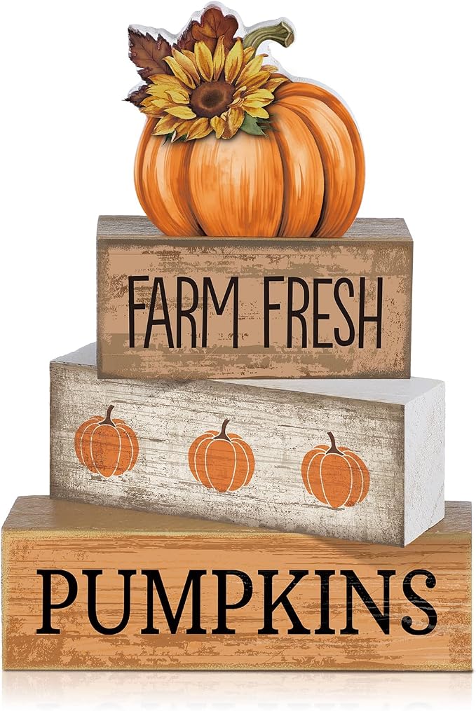 Lineshading 4 Pcs Fall Tiered Tray Decor, Pumpkin Sunflower Wood Sign | Rustic Farmhouse Wooden Block Signs, Farm Fresh Pumpkins Text, For Fall Home Shelves, Mantel, Table, School Events
