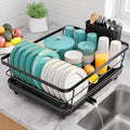 Sakugi Dish Drying Rack - Stainless Steel Dish Rack with Drainboard for Kitchen Counter and Sink, 15.6" D x 12" W x 5" H, Black