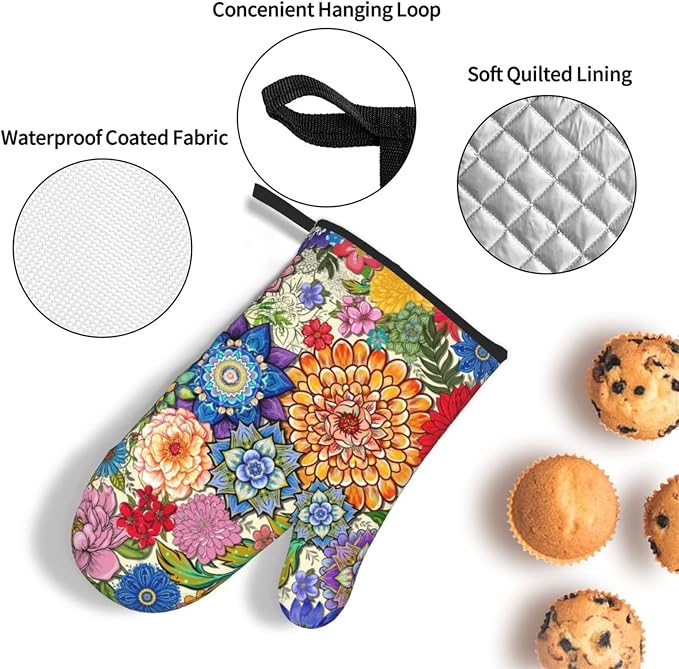 Boho Floral Oven Mitts and Pot Holders Sets of 3, Colorful Flowers Heat Resistant Kitchen Gloves Hot Pads, Chef Baking Gifts for Baker Women Mom Wife, Spring Easter Kitchen Gifts for Cooking Lover