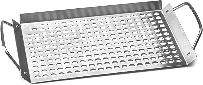 Outset 76631 Stainless Steel Grill Topper Grid, 11"x7" BBQ Pan With Handles | Stainless Steel Grill Topper | BBQ Veggie Grill Tray | Easy to Carry | Seafood Grill Tray With Holes | Infuses Flavor