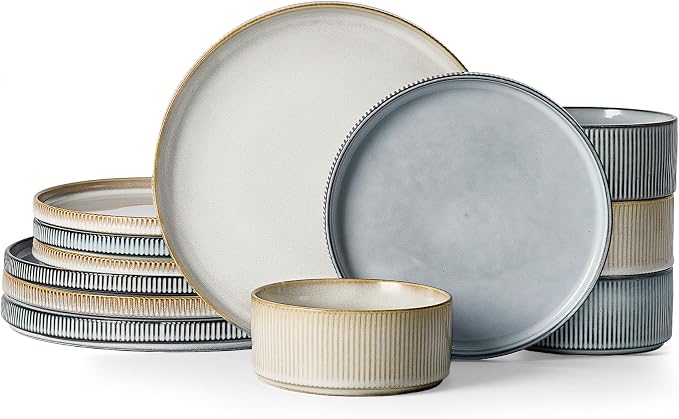Famiware Star Stoneware Dinnerware Set, Reactive Glaze Plates & Bowls for 4 | 12-Piece Handmade Ribbed Dishes, Chip & Scratch Resistant Ceramic. Microwave & Dishwasher Safe, Rustic Modern, White & Blue