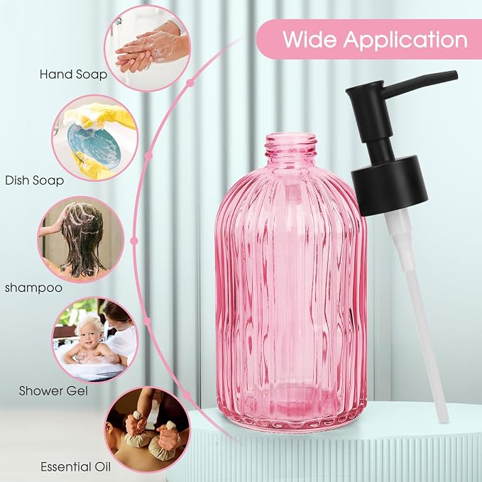 Topsky Stripe Glass Soap Dispenser with Black Plastic Pump, 400ml Liquid Hand Soap Dispenser, Rustproof Pump for Kitchen & Bathroom, Great for Lotions, Essential Oil, Liquid Soaps-Pink