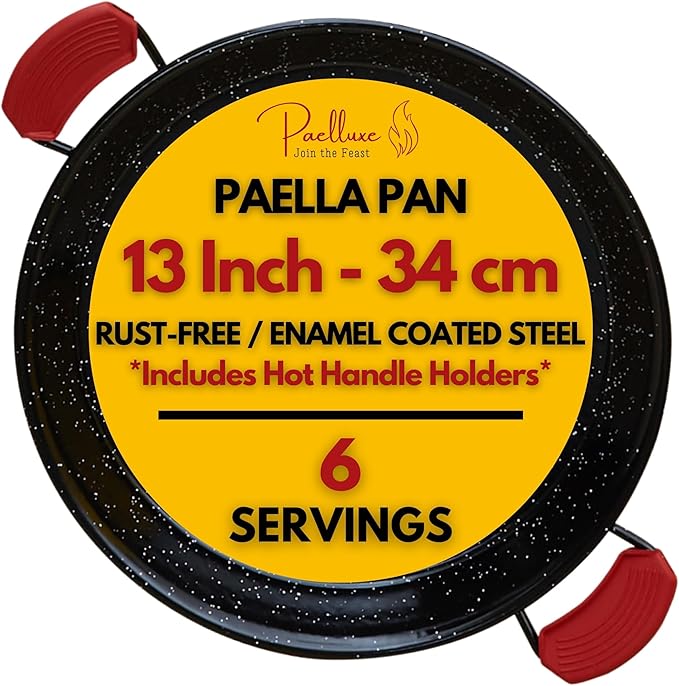 Paelluxe Paella Pan Enameled No-Rust Steel Skillet - 13 Inch, 6 Servings | 1.2mm Carbon Steel, Easy-Clean Enamel, Propane Safe, Oven Safe, Fits Stove Burners, Silicone Handle Holders