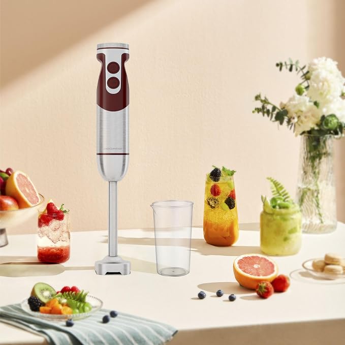 MegaWise 5-in-1 Immersion Hand Blender Set with Variable Speed, 400W, Stainless Steel - Includes Chopper, Whisk, Milk Frother, and Beaker - Ideal for Soups, Smoothies, Baby Food & More (RED)