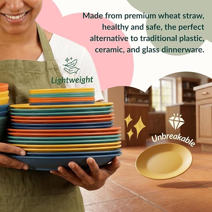 40-Piece Unbreakable Plastic Wheat Straw Dinnerware Set - Multi Color, 8-Person Dish Set for Dinner, Plates, Bowls, Cups & Appetizer Plates - Perfect for Outdoor Camping