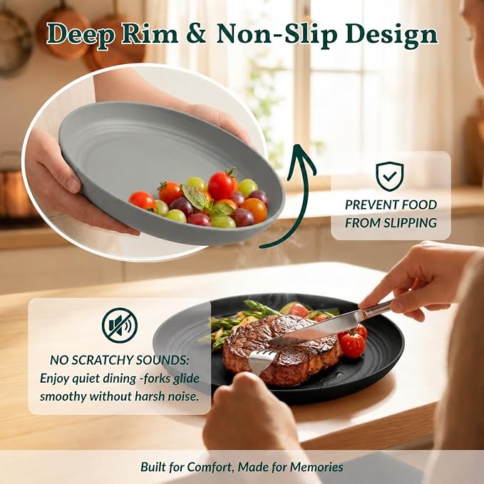 Deep Dinner Plates Set of 8 Alternative for Plastic Microwave and Dishwasher Safe Wheat Straw Kitchen Unbreakable Kids with 4 Colors (Stone Grey, 8 inch),(Deep plates-8)