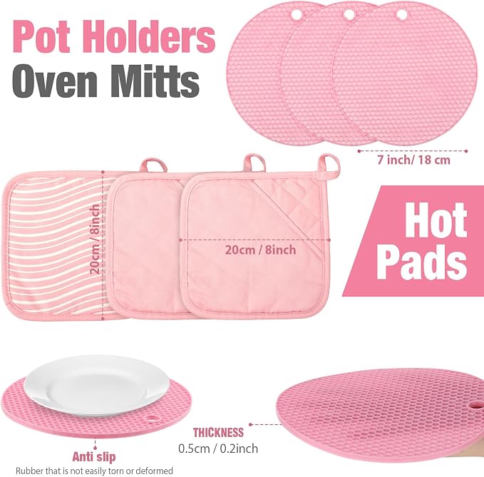 Pink Oven Mitts and Pot Holders 7 Sets, Pink, Rubber Cotton, Stripes | Heat Resistant Kitchen Gloves, Pads Pot Holders for Women, Chritsmas Gifts Kitchen Accessories Gift