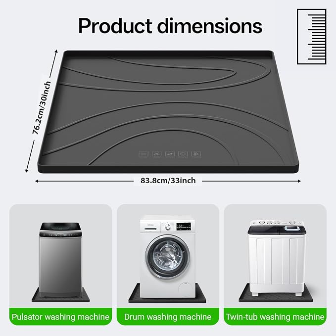 Washing Machine Drain Pan Silicone mat – 30x33 Inch Non-Slip Waterproof Washer Drip Tray, Anti-Vibration Soft Mat for Under Dryer or Washer, Floor Leak Protector for Laundry Room