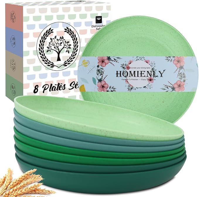 Dessert & Salad Set - Unbreakable Wheat Straw Plates, 8-10 inch, Reusable (Green Series)