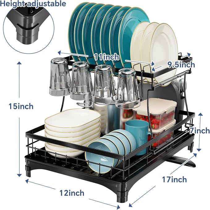 Simple Trending Dish Drying Rack, 2-Tier with Utensil Holder, Black | Stainless Steel Dish Rack for Kitchen Counter, Large Capacity Dish Drainer Organizer, Automatic Drainage, 17"D x 12"W x 15"H