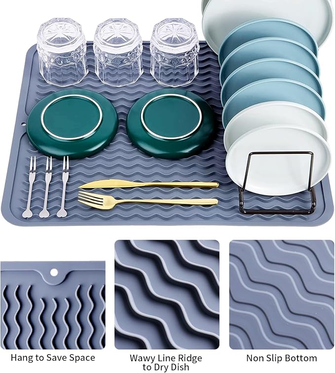 Silicone Dish Drying Mat - 2 Packs of Non-Slip Silicone Mat Easy Clean Drying Mat Large Heat-Resistant Dish Drainer Mat for Kitchen Counter, Sink, Refrigerator or Drawer Liner(16"x12", 12''x 6'' GREY)