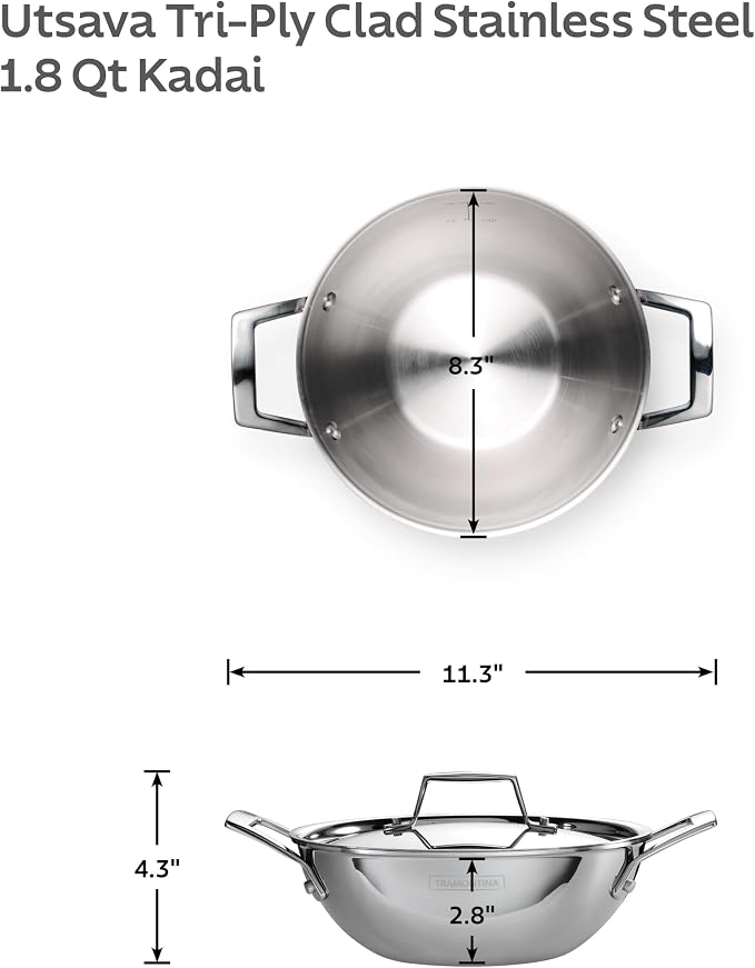 Tramontina Utsava 1.8-Quart Tri-Ply Clad Stainless Steel Kadai with Lid | Small Kadhai Pot for Indian Cooking