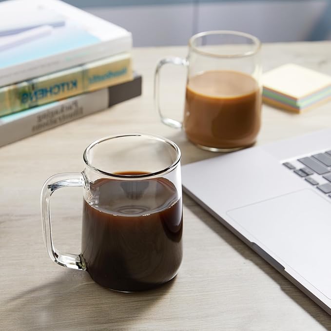 Glass Coffee Mugs, 14 oz Glass Coffee Cups Set of 2, Clear Borosilicate Glass Mugs with Handles for Cappuccino, Tea, Latte, Hot/Cold Beverages, Wine, Americano