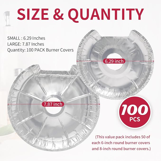 Round Electric Stove Burner Covers - Thicker Aluminum Foil Burner Liners - Disposable Stove Top Protector, 100 Pack (50 * 6 Inch and 50 * 8 Inch)