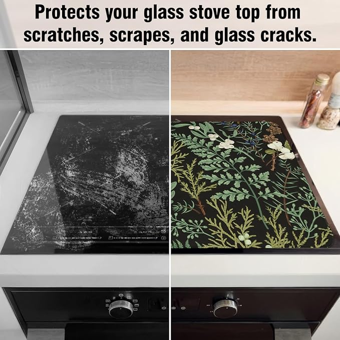 Boho Stove Top Cover for Electric Stoves,Botanical Fern Plant Floral Black Farmhouse Stove Top Cover for Kitchen Decor,Heat Resistant Cooktop Protector Mat,Non-Slip Washable Dish Drying Mat 28"x20"