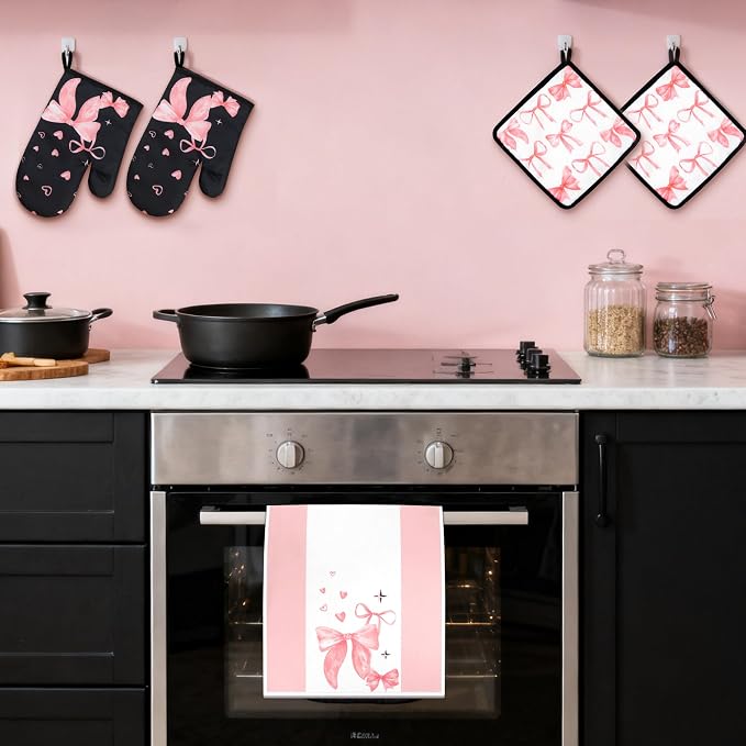 8 Pcs Cute Pink Bow Kitchen Towels and Dishcloths Sets Oven Mitts Pot Holders Set Mother's Day Absorbent Decor Accessories Gloves Potholders Heat Resistant for Chef Baking Cooking Home Gifts