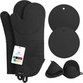 RORECAY Silicone Oven Mitts and Pot Holders Sets, Gloves for Kitchen, Black | Set of 6 Kitchen Mitts for Baking & Cooking, Heat Resistant 500 ℉, 15" Extra Long, Non-Slip & Waterproof, Quilted Cotton