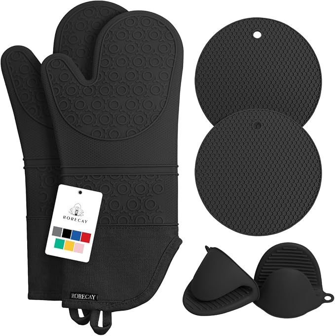 RORECAY Silicone Oven Mitts and Pot Holders Sets, Gloves for Kitchen, Black | Set of 6 Kitchen Mitts for Baking & Cooking, Heat Resistant 500 ℉, 15" Extra Long, Non-Slip & Waterproof, Quilted Cotton