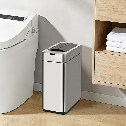 SYNCVIBE Slim Bathroom Trash Can, 2.6 Gallon, Butterfly Sensor Lid, Silver | Stainless Steel Garbage Can, Automatic Trash Bin, IPX5 Waterproof Wastebasket for Under Counter and Small Spaces