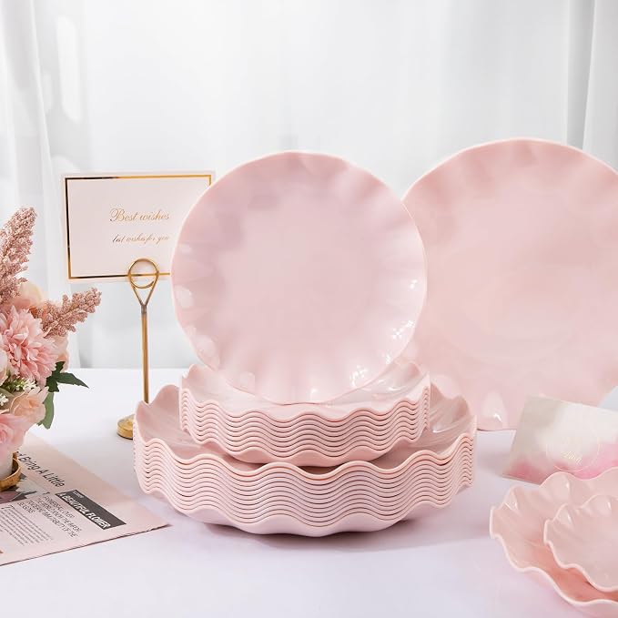 LIYH 24 Pcs Pink Plastic Plates Reusable, Pink Scalloped Plates Durable and Dishwasher Safe, Light Weight Daisy Wavy Plate Parties, Birthday, Picnics, BPA Free(12Guests)
