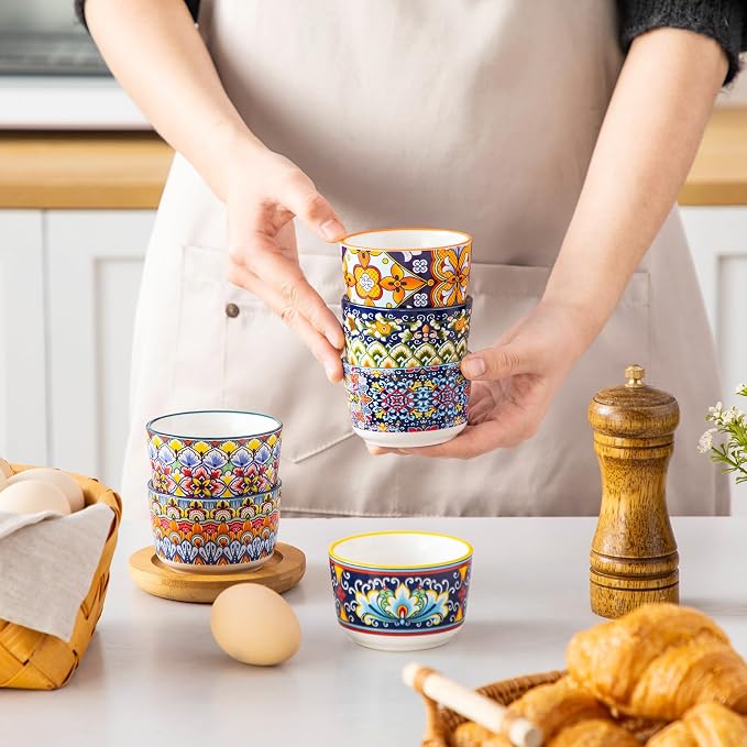 vancasso 4 Oz Ramekins Oven Safe Set of 6, Ceramic Baking Souffle Dishes | Bohemian Ramekins for Creme Brulee, Souffle, Custard, Pudding, Small Bowls for Dipping Sauce, Ice Cream