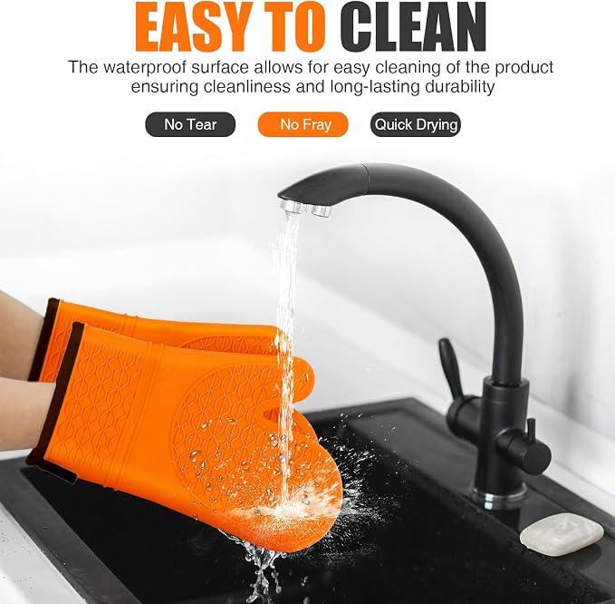 Silicone Oven Mitts, Heat Resistant 2PCS Oven Mitts with Soft Cotton Lining, Waterproof Non-Slip Grip Oven Glove, Kitchen Potholder Mits for BBQ, Baking, Cooking, 12.5 Inch - Orange