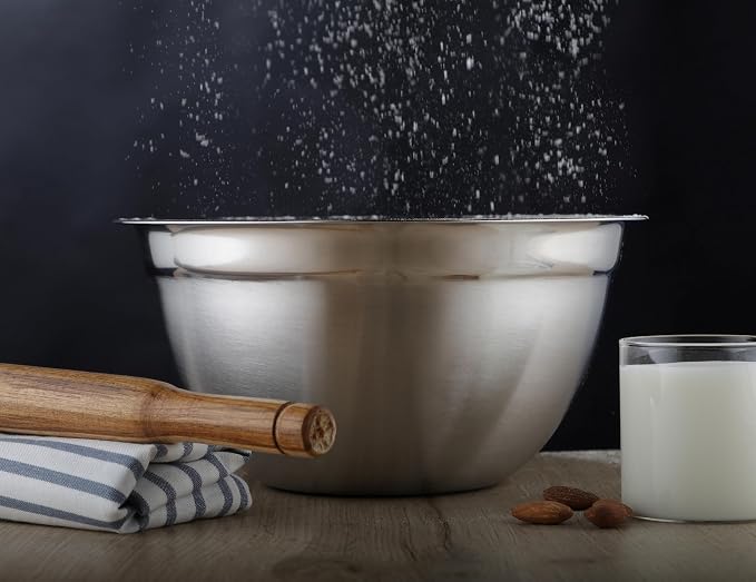 Premium Stainless Steel Mixing Bowls, Set of 4 Stainless Steel Mixing Bowl Set, Easy To Clean, Space Saving, Great for Cooking, Baking, Prepping 0.74qt 1.4qt 3qt 5qt (4 pc German Mixing Bowl)