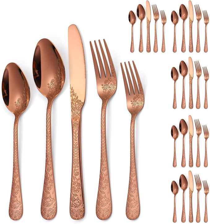 Vintage Flatware Copper/Rose Gold Floral Silverware 30 Piece Stainless Steel Set for 6 Cutlery Utensils Unique Embossed Pattern Design Elegant Home Kitchen Restaurant Festival Parties