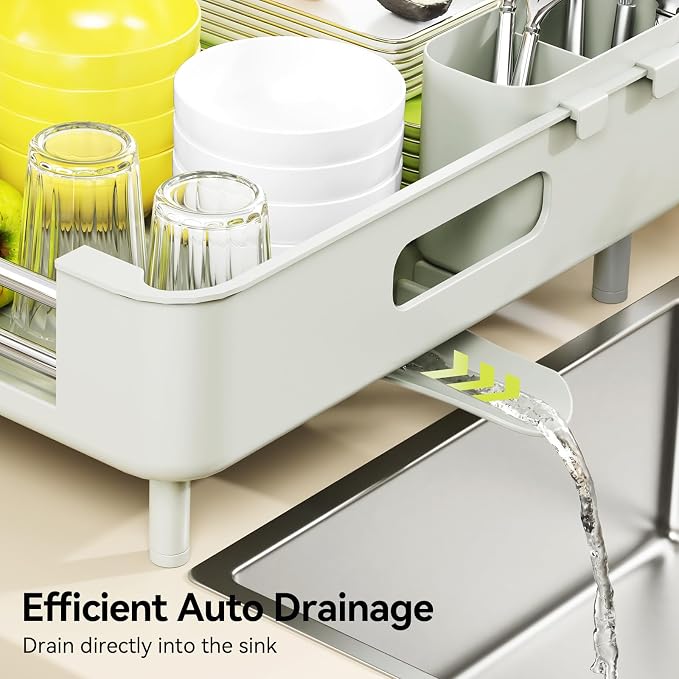 Urackify Extendable Stainless Dish Drying Rack for Kitchen Counter | 13.78"W x 18.7"L, Foldable Drainboard for Space Saving, Knife and Utensil Holder, Fast-draining Spout, Soft Celery Green