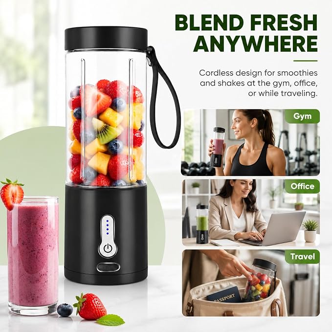 Portable Personal Blender, Cordless Juicer Cup, USB Rechargeable Ideal for Shakes & Smoothies,Ice Blending,Juicing, Mini Blender for Travel Sports Outgoing Office Gym