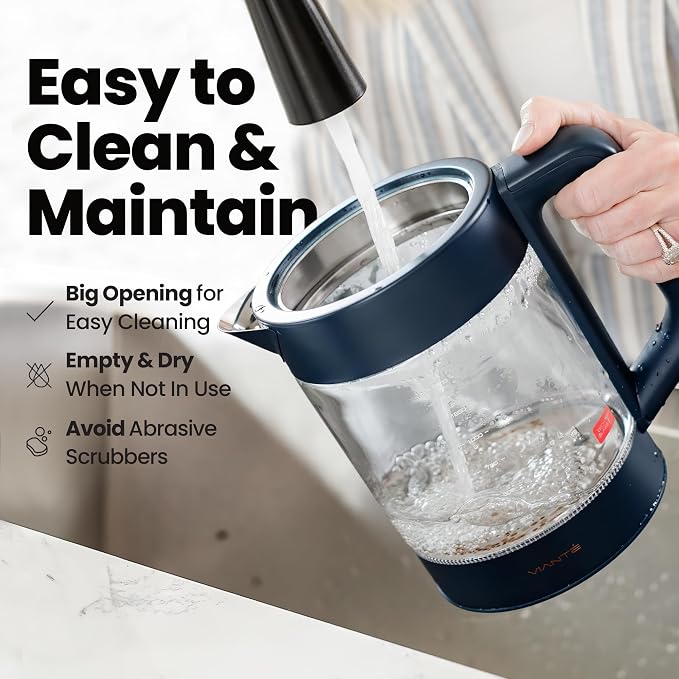 Viante Alba Electric Tea Kettle, Infuser, No Plastic, 1.5L, Midnight Blue | Borosilicate glass & 304 stainless steel construction. 4 temp presets, keep-warm, cordless, auto shut-off