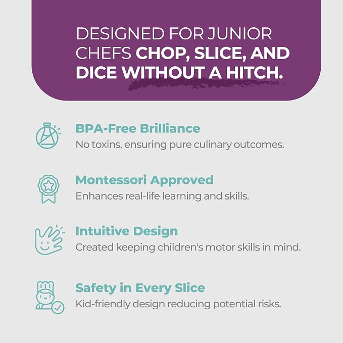 Toddler Knife Set for Real Cooking | Safe Kids Cutting | Ages 2-5 | Montessori Kitchen Tools | 2 Patented Choppers 3 Kid Safe Knives | BPA Free Dishwasher Safe | Birthday Christmas Gift