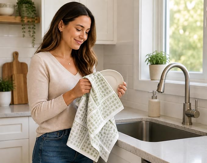 Sage Green Kitchen Dish Towels – Set of 3 100% Cotton Cloth Soft Cleaning Drying Absorbent Textured Waffle & Checkered Weave – Oversized 28" x 18" Multipurpose Towels for Everyday Use