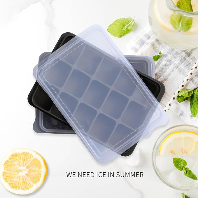 Tvmania Ice Cube Trays Set of 2, 15-Cube Silicone Molds with Removable Lids | Stackable, easy release, BPA-free, reusable, for freezer and whiskey