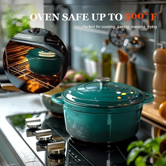 Overmont Enameled Cast Iron Dutch Oven - 5.5QT Pot with Lid Cookbook & Cotton Potholders - Heavy-Duty Cookware for Braising, Stews, Roasting, Sourdough Baking bottle green