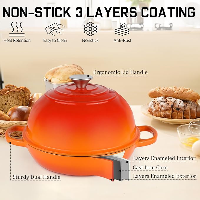 Enameled Bread Oven Dutch Oven Pot with Lid Bread Dutch Oven Orange | for Sourdough Bread Baking, 6 Quarts 10" Cast Iron Bread Pan with Dome Lid, Non-stick Cookware for Homemade Bread