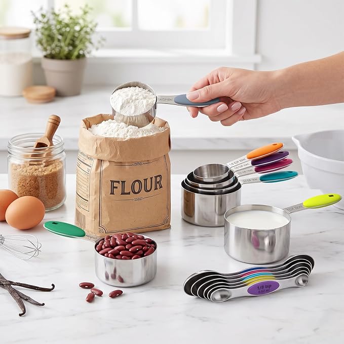 TILUCK Nesting Measuring Cups and Spoons Set, Stainless Steel with Soft Silicone Handle – Heavy Duty & Dishwasher Safe for Measuring Dry/Liquid Ingredients, Ideal for Cooking & Baking (14)